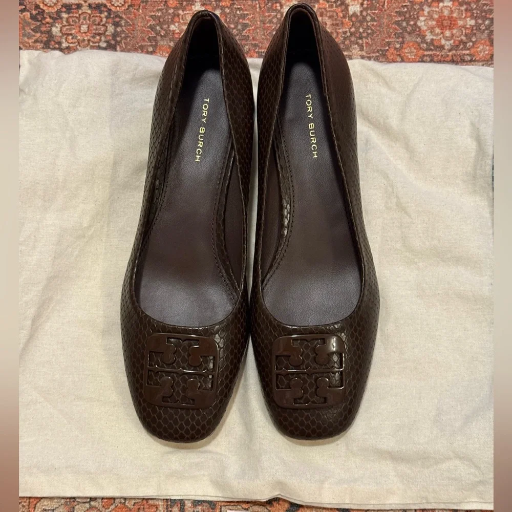 Tory Burch Brown Snake-Embossed Logo Ballet Flat